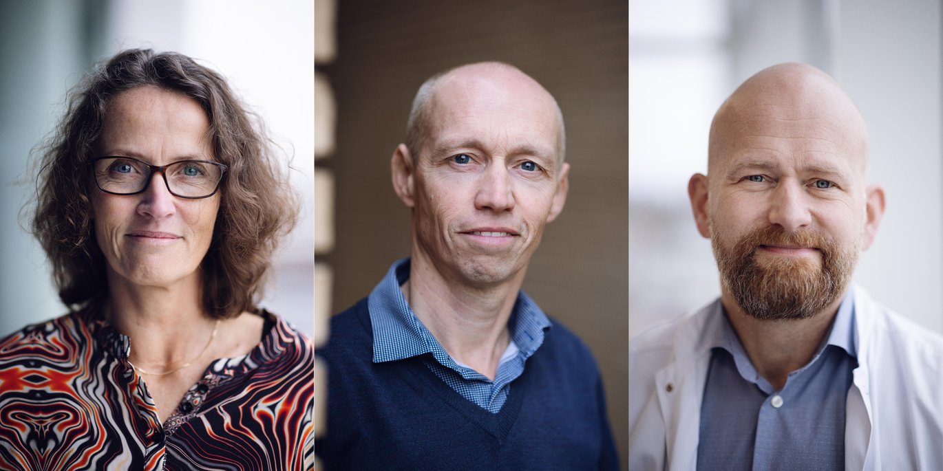 [Translate to English:] Professorerne Nanna Brix Finnerup, Søren Riis Paludan og Per Borghammer får bevillinger på hhv. ca. 36 mio. kr., ca. 28 mio. kr. og ca. 30 mio. kr. til deres neurovidenskabelige forskningsprojekter. Foto: Martin Gravgaard for Lu